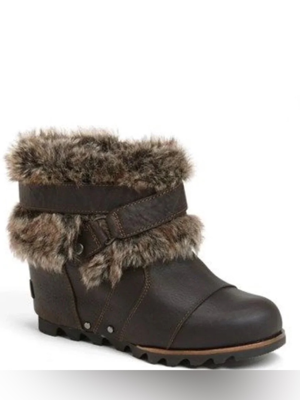 Sorel Joan Arctic Brown Faux-Fur Cuff Wedge Ankle Boots size 8.5